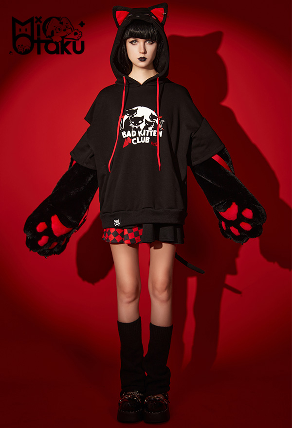 Emily the Strange Black Red Graphic Halloween Costume Bad Kitten Club Cat Pullover Hoodie with Paw Gloves
