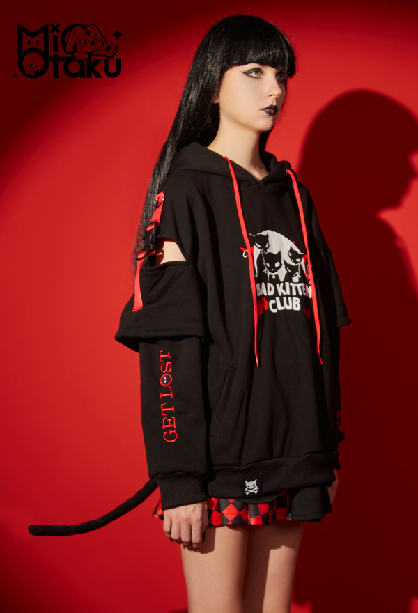 Emily the Strange Black Red Graphic Halloween Costume Bad Kitten Club Cat Pullover Hoodie with Paw Gloves