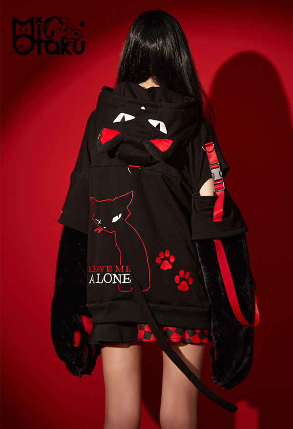 Emily the Strange Black Red Graphic Halloween Costume Bad Kitten Club Cat Pullover Hoodie with Paw Gloves