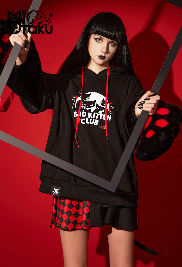 Emily the Strange Black Red Graphic Halloween Costume Bad Kitten Club Cat Pullover Hoodie with Paw Gloves