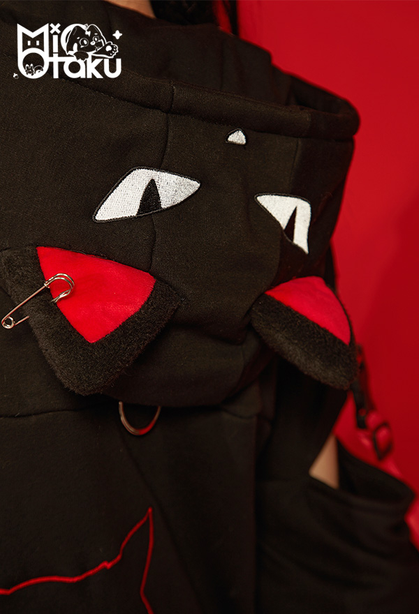 Emily the Strange Black Red Graphic Halloween Costume Bad Kitten Club Cat Pullover Hoodie with Paw Gloves