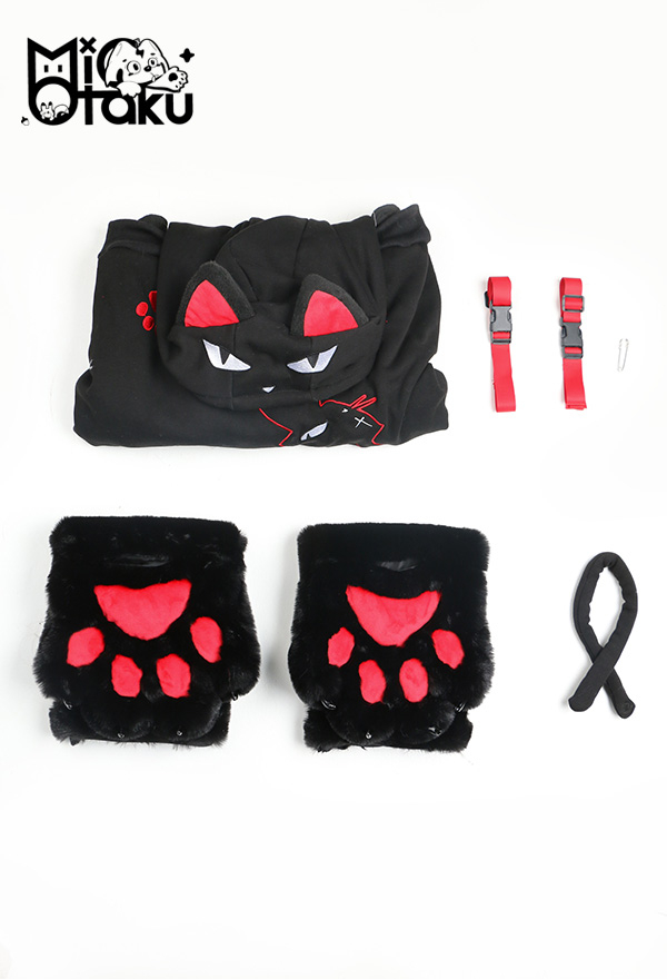 Emily the Strange Black Red Graphic Halloween Costume Bad Kitten Club Cat Pullover Hoodie with Paw Gloves