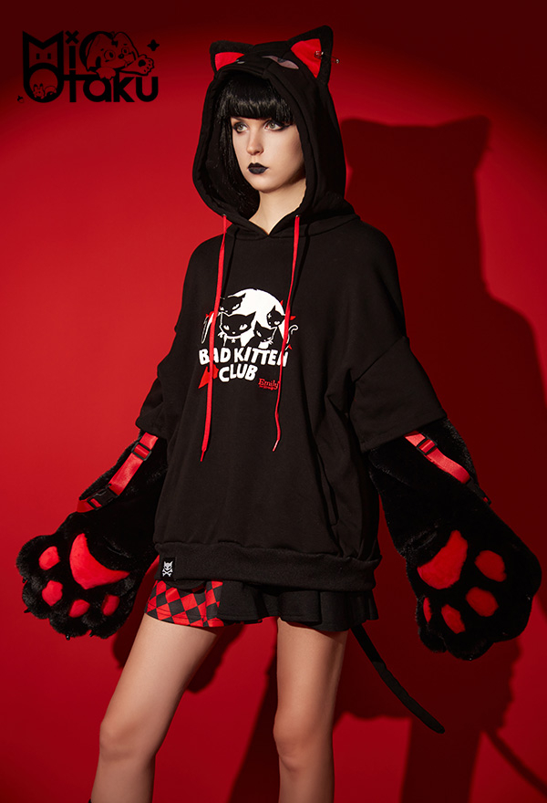 Emily the Strange Black Red Graphic Halloween Costume Bad Kitten Club Cat Pullover Hoodie with Paw Gloves