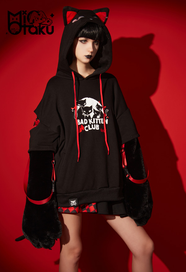 Emily the Strange Black Red Graphic Halloween Costume Bad Kitten Club Cat Pullover Hoodie with Paw Gloves