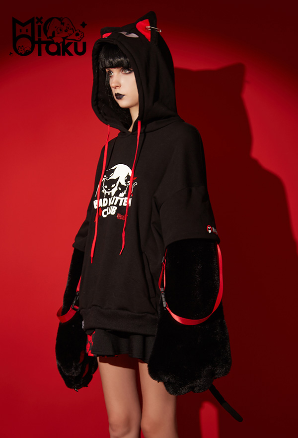 Emily the Strange Black Red Graphic Halloween Costume Bad Kitten Club Cat Pullover Hoodie with Paw Gloves