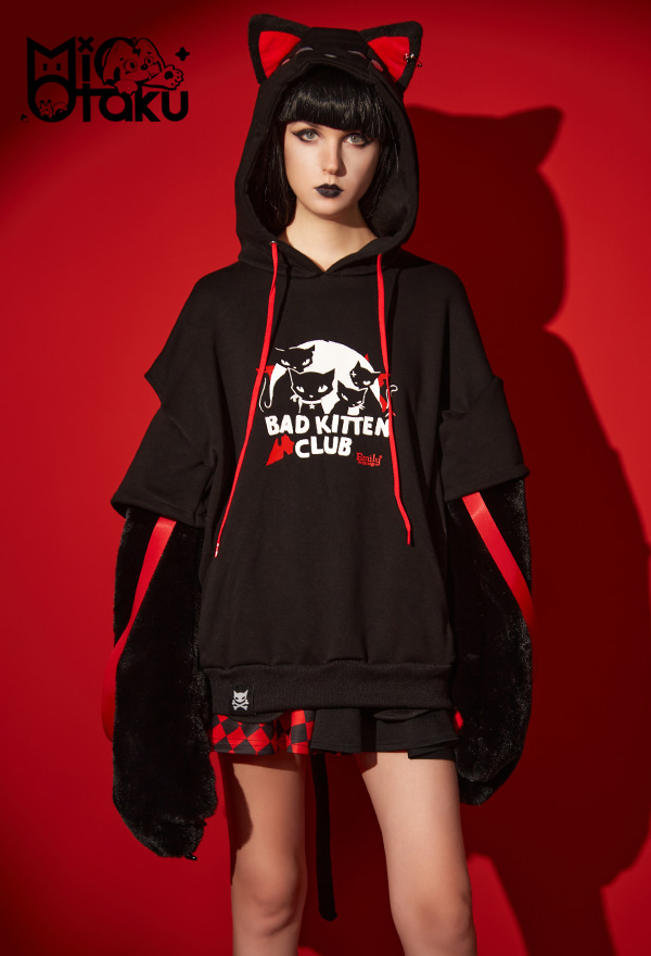 Emily the Strange Black Red Graphic Halloween Costume Bad Kitten Club Cat Pullover Hoodie with Paw Gloves