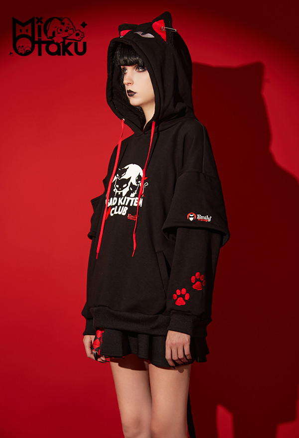 Emily the Strange Black Red Graphic Halloween Costume Bad Kitten Club Cat Pullover Hoodie with Paw Gloves