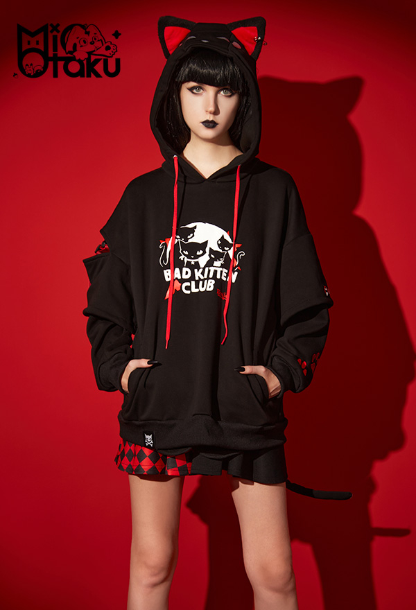 Emily the Strange Black Red Graphic Halloween Costume Bad Kitten Club Cat Pullover Hoodie with Paw Gloves