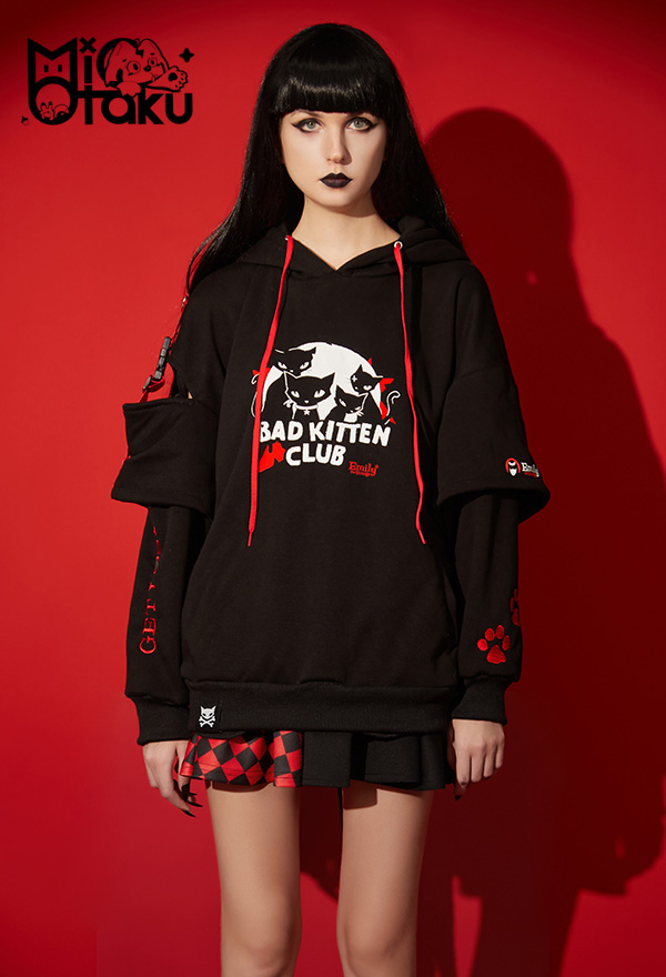 Emily the Strange Black Red Graphic Halloween Costume Bad Kitten Club Cat Pullover Hoodie with Paw Gloves