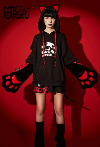 Emily the Strange Black Red Graphic Halloween Costume Bad Kitten Club Cat Pullover Hoodie with Paw Gloves