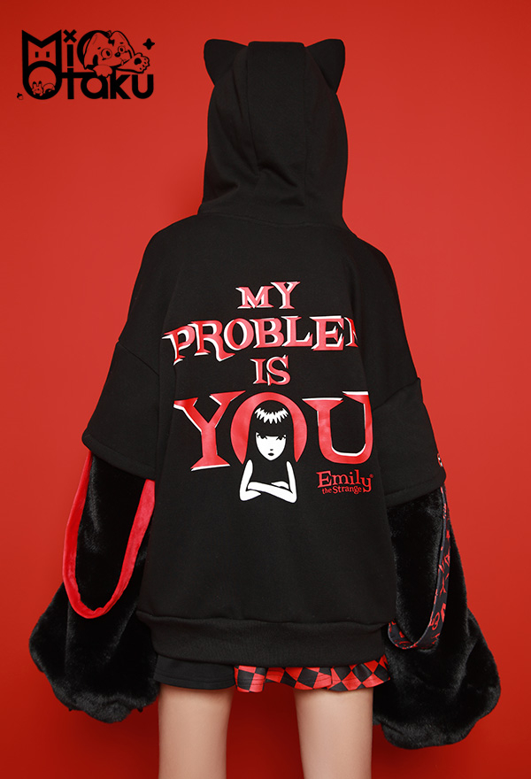Emily the Strange Black Red My Problem Is You Print Zip Up Halloween Costume Cat Hoodie with Paw Gloves Emily the Strange Black Red My Problem Is You Print Zip Up Halloween Costume Cat Hoodie with Paw Gloves
