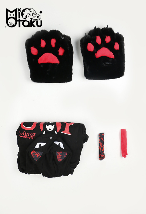 Emily the Strange Black Red My Problem Is You Print Zip Up Halloween Costume Cat Hoodie with Paw Gloves Emily the Strange Black Red My Problem Is You Print Zip Up Halloween Costume Cat Hoodie with Paw Gloves