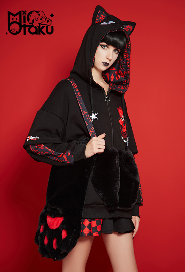 Emily the Strange Black Red My Problem Is You Print Zip Up Halloween Costume Cat Hoodie with Paw Gloves Emily the Strange Black Red My Problem Is You Print Zip Up Halloween Costume Cat Hoodie with Paw Gloves