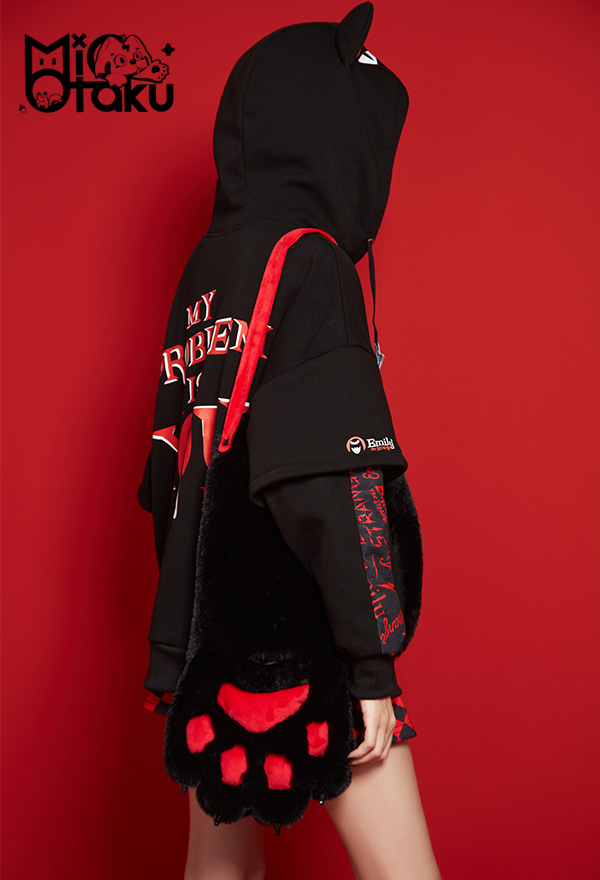 Emily the Strange Black Red My Problem Is You Print Zip Up Halloween Costume Cat Hoodie with Paw Gloves Emily the Strange Black Red My Problem Is You Print Zip Up Halloween Costume Cat Hoodie with Paw Gloves