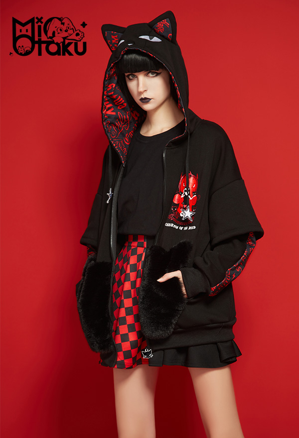 Emily the Strange Black Red My Problem Is You Print Zip Up Halloween Costume Cat Hoodie with Paw Gloves Emily the Strange Black Red My Problem Is You Print Zip Up Halloween Costume Cat Hoodie with Paw Gloves