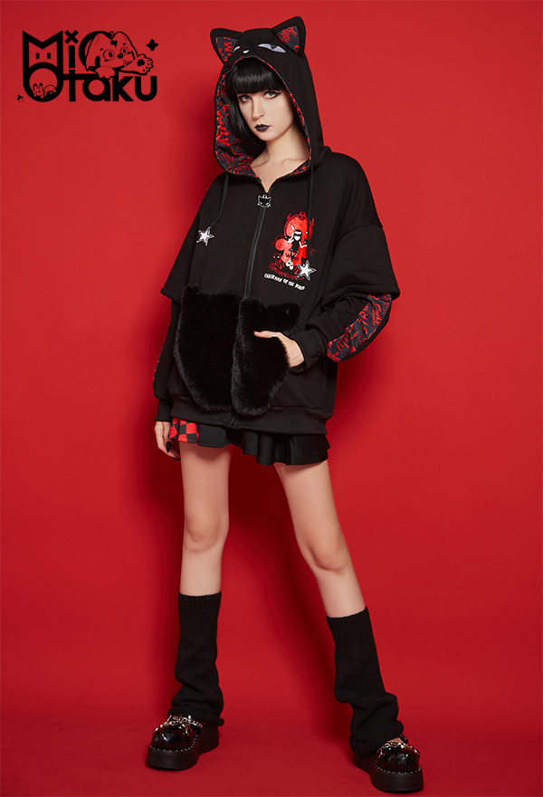 Emily the Strange Black Red My Problem Is You Print Zip Up Halloween Costume Cat Hoodie with Paw Gloves Emily the Strange Black Red My Problem Is You Print Zip Up Halloween Costume Cat Hoodie with Paw Gloves