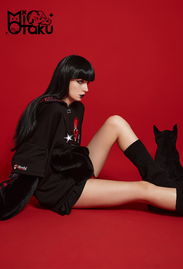 Emily the Strange Black Red My Problem Is You Print Zip Up Halloween Costume Cat Hoodie with Paw Gloves Emily the Strange Black Red My Problem Is You Print Zip Up Halloween Costume Cat Hoodie with Paw Gloves