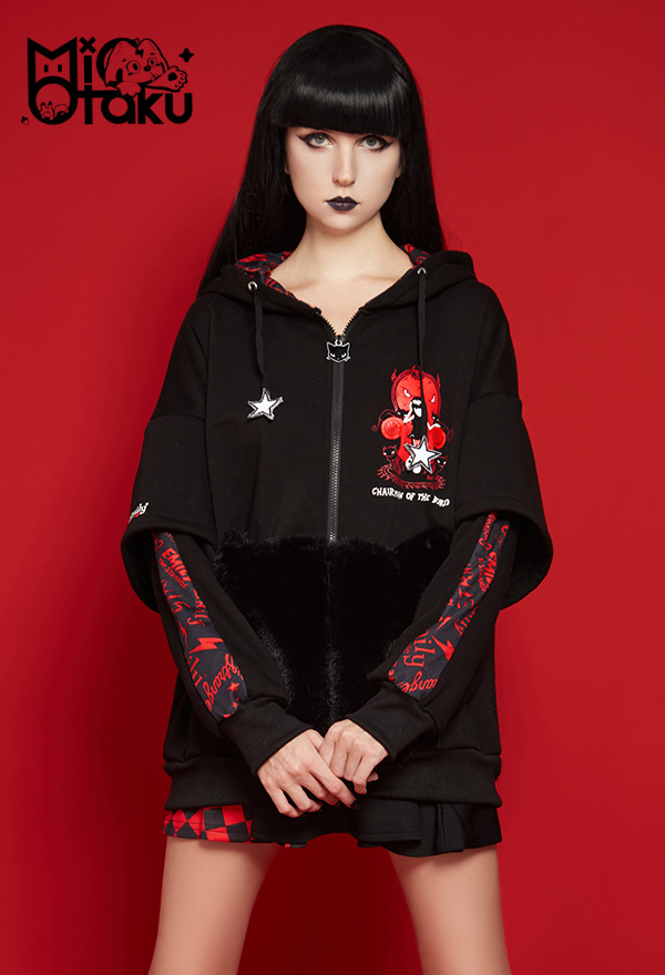 Emily the Strange Black Red My Problem Is You Print Zip Up Halloween Costume Cat Hoodie with Paw Gloves Emily the Strange Black Red My Problem Is You Print Zip Up Halloween Costume Cat Hoodie with Paw Gloves
