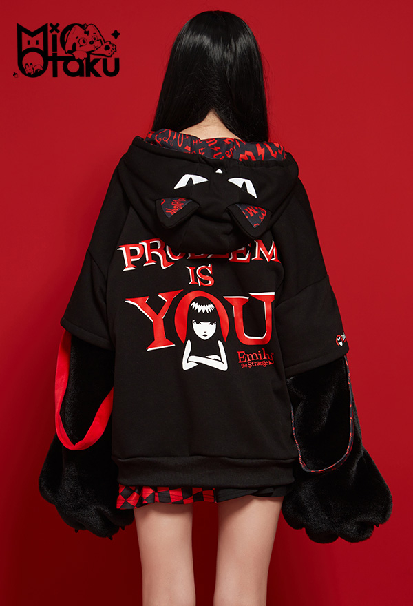 Emily the Strange Black Red My Problem Is You Print Zip Up Halloween Costume Cat Hoodie with Paw Gloves Emily the Strange Black Red My Problem Is You Print Zip Up Halloween Costume Cat Hoodie with Paw Gloves