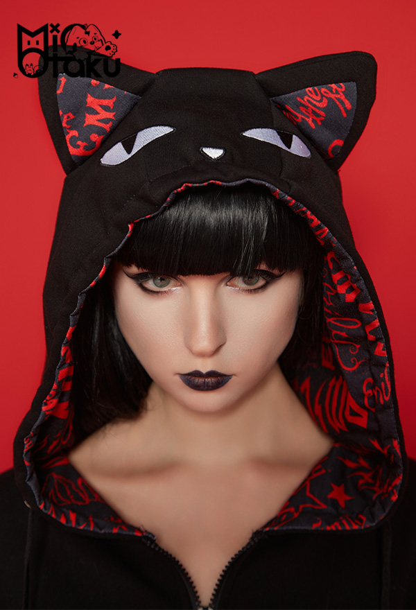 Emily the Strange Black Red My Problem Is You Print Zip Up Halloween Costume Cat Hoodie with Paw Gloves Emily the Strange Black Red My Problem Is You Print Zip Up Halloween Costume Cat Hoodie with Paw Gloves