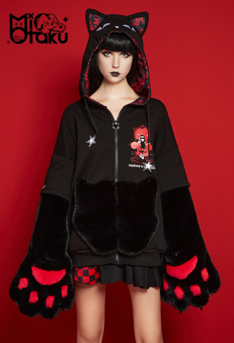 Emily the Strange Black Red My Problem Is You Print Zip Up Halloween Costume Cat Hoodie with Paw Gloves