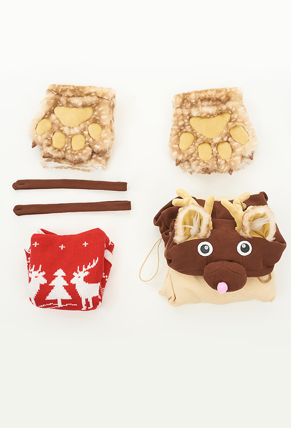 Women Christmas Cute Brown Reindeer Design Hoodie with Detachable Furry Paw Bag and Scarf