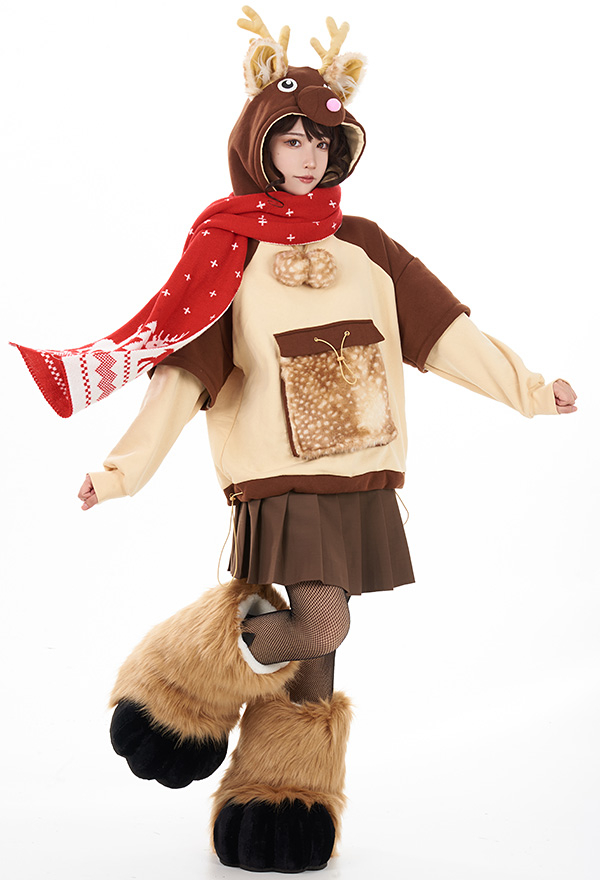 Women Christmas Cute Brown Reindeer Design Hoodie with Detachable Furry Paw Bag and Scarf
