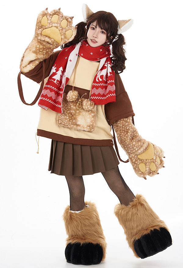 Women Christmas Cute Brown Reindeer Design Hoodie with Detachable Furry Paw Bag and Scarf