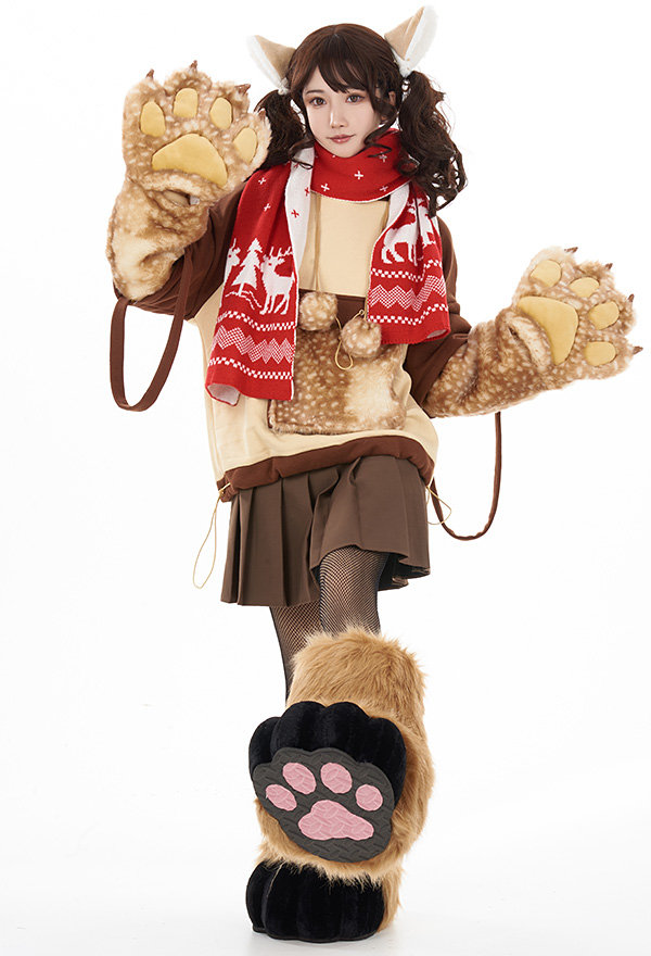 Women Christmas Cute Brown Reindeer Design Hoodie with Detachable Furry Paw Bag and Scarf