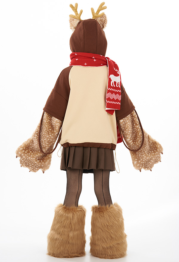 Women Christmas Cute Brown Reindeer Design Hoodie with Detachable Furry Paw Bag and Scarf