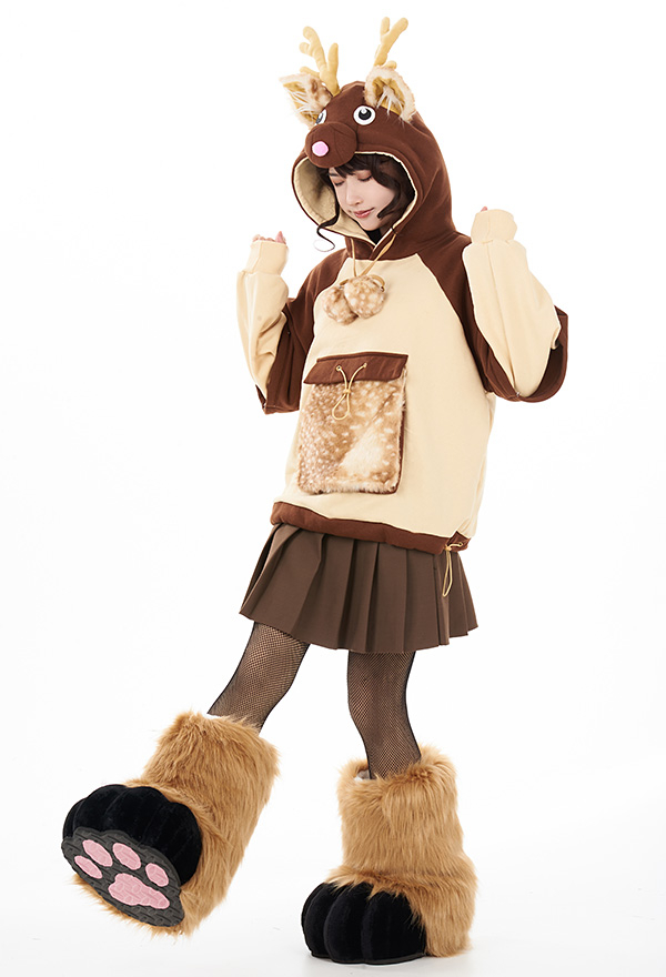 Women Christmas Cute Brown Reindeer Design Hoodie with Detachable Furry Paw Bag and Scarf
