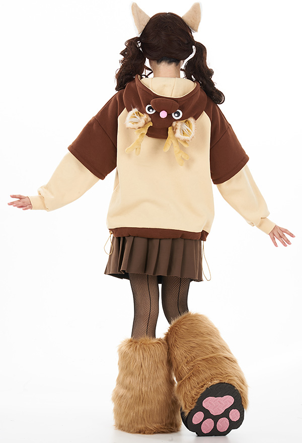 Women Christmas Cute Brown Reindeer Design Hoodie with Detachable Furry Paw Bag and Scarf