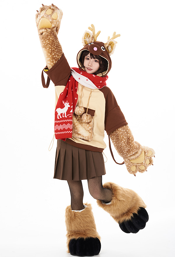Women Christmas Cute Brown Reindeer Design Hoodie with Detachable Furry Paw Bag and Scarf