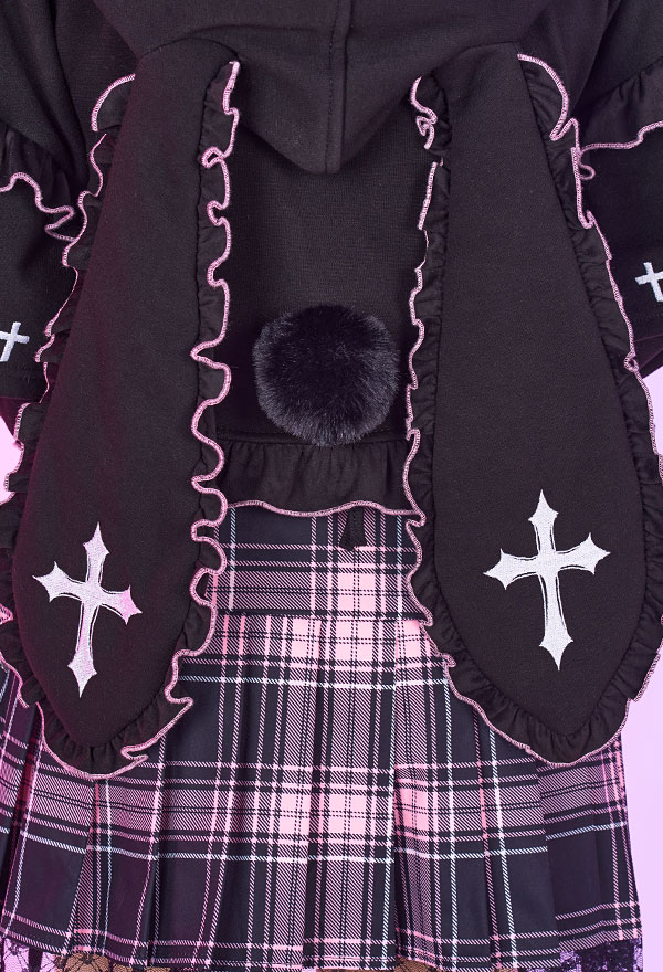 Women Gothic Black Rabbits Ear Shape Hooded Sweatshirt with Furry Cat Paw Bag