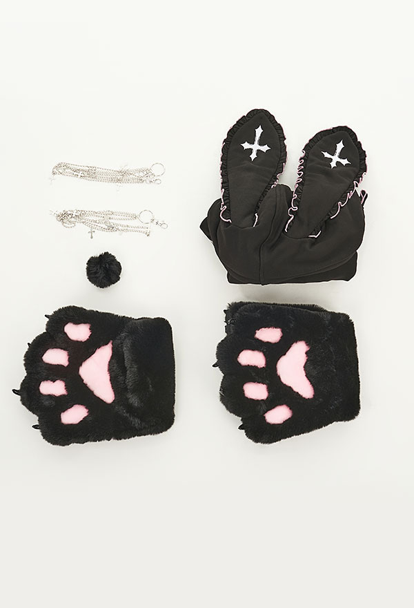 Women Gothic Black Rabbits Ear Shape Hooded Sweatshirt with Furry Cat Paw Bag