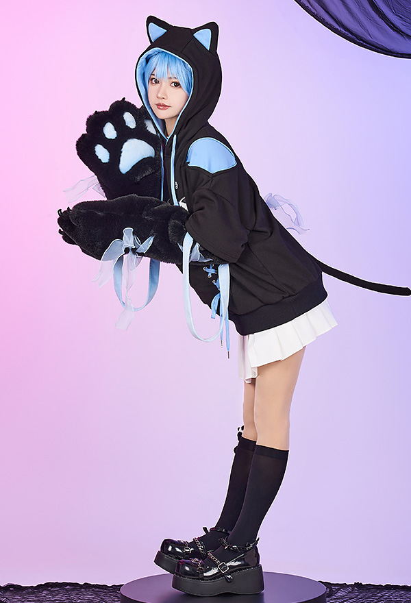 Women Gothic Black Cat Ear Shape Lace-up Hooded Sweatshirt with Furry Cat Paw Bag Women Gothic Black Cat Ear Shape Lace-up Hooded Sweatshirt with Furry Cat Paw Bag