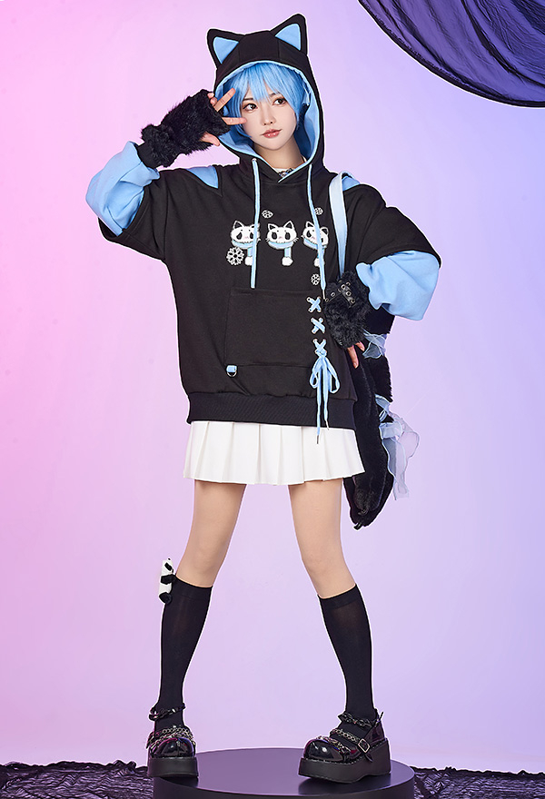 Women Gothic Black Cat Ear Shape Lace-up Hooded Sweatshirt with Furry Cat Paw Bag Women Gothic Black Cat Ear Shape Lace-up Hooded Sweatshirt with Furry Cat Paw Bag