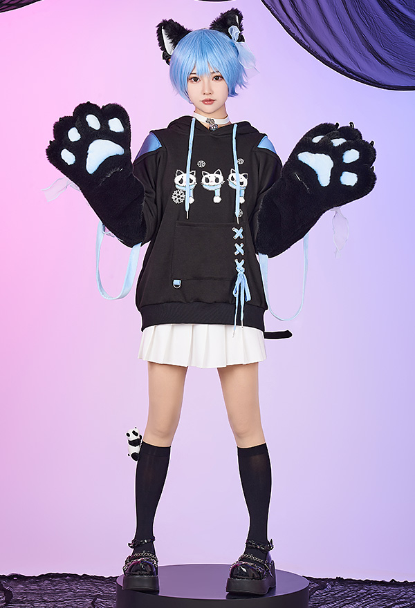 Women Gothic Black Cat Ear Shape Lace-up Hooded Sweatshirt with Furry Cat Paw Bag Women Gothic Black Cat Ear Shape Lace-up Hooded Sweatshirt with Furry Cat Paw Bag