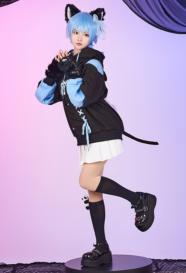 Women Gothic Black Cat Ear Shape Lace-up Hooded Sweatshirt with Furry Cat Paw Bag Women Gothic Black Cat Ear Shape Lace-up Hooded Sweatshirt with Furry Cat Paw Bag
