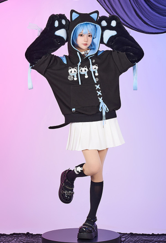 Women Gothic Black Cat Ear Shape Lace-up Hooded Sweatshirt with Furry Cat Paw Bag