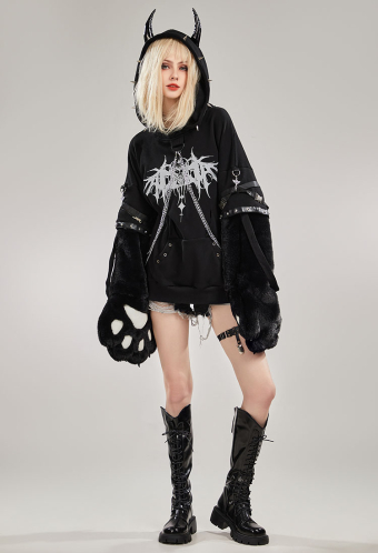Black Imp Furry Paw Hoodie Long Sleeved Devil Horn Hooded Daily Wear