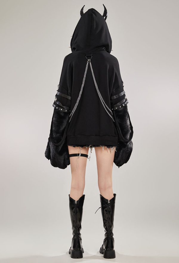 Black Imp Furry Paw Hoodie Long Sleeved Devil Horn Hooded Daily Wear