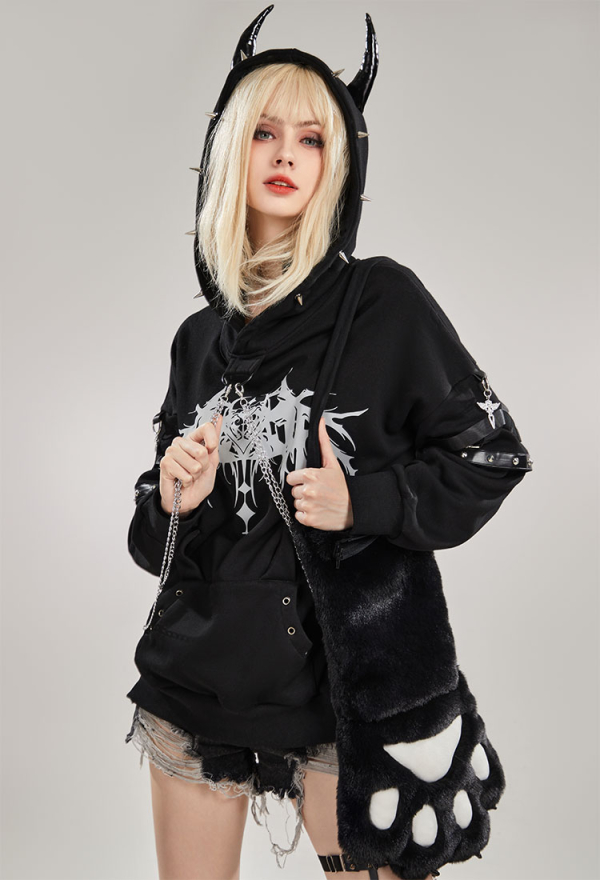 Black Imp Furry Paw Hoodie Long Sleeved Devil Horn Hooded Daily Wear