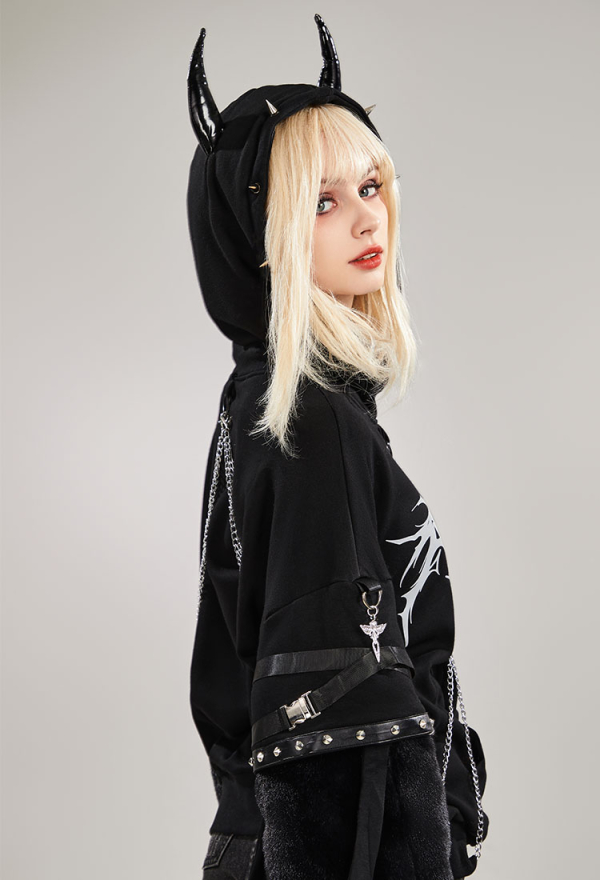 Black Imp Furry Paw Hoodie Long Sleeved Devil Horn Hooded Daily Wear