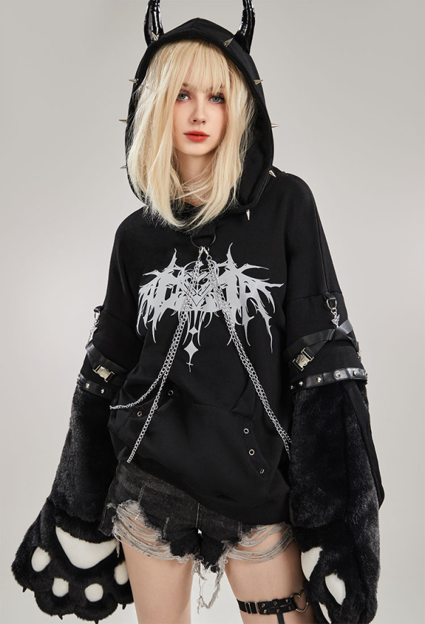 Black Imp Furry Paw Hoodie Long Sleeved Devil Horn Hooded Daily Wear