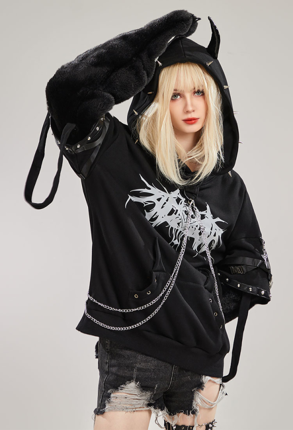 Black Imp Furry Paw Hoodie Long Sleeved Devil Horn Hooded Daily Wear