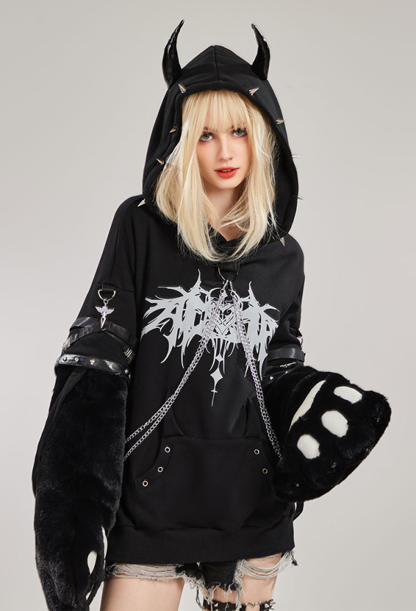 Black Imp Furry Paw Hoodie Long Sleeved Devil Horn Hooded Daily Wear