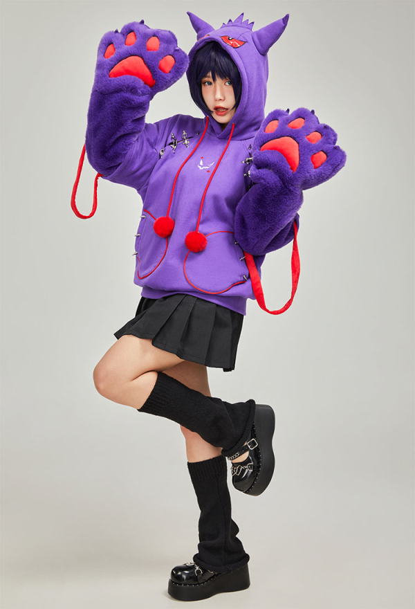 Dark Shade Gothic Paw Hoodie Purple Phantom Print Hoodie with Ears and Tail