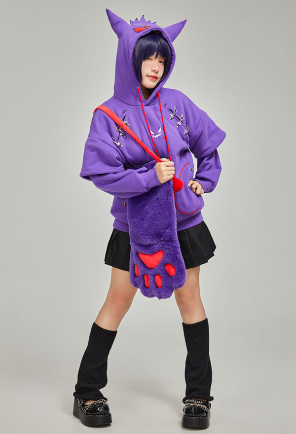 Dark Shade Gothic Paw Hoodie Purple Phantom Print Hoodie with Ears and Tail