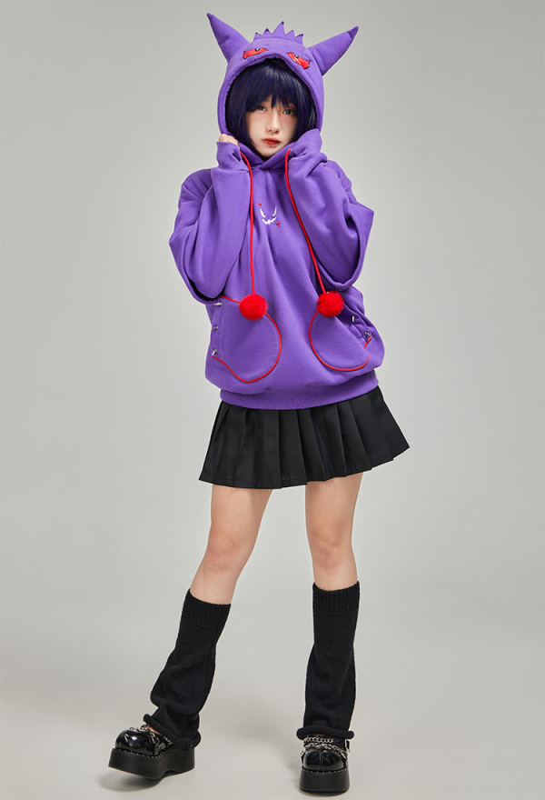 Dark Shade Gothic Paw Hoodie Purple Phantom Print Hoodie with Ears and Tail